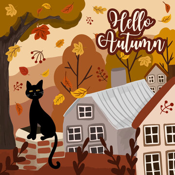 Hello Autumn vector card with cute cat and falling leaves.