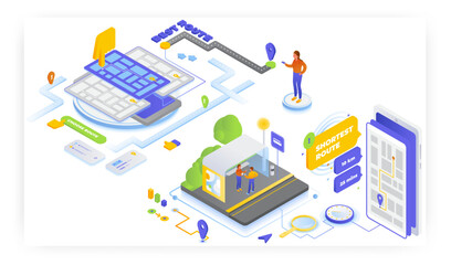 Obraz premium Online route planner. Find the shortest and the best route on mobile, vector isometric illustration. Road trip planning.