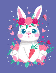 Cute Bunny and flowers. print design rabbit vector illustration