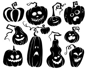 Halloween scary and funny pumpkin silhouettes. Fun hand drawn vector collection for  textiles, banners, wallpapers, wrapping design.