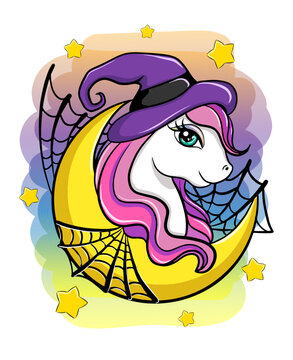 Cute vector cartoon unicorn witch and spider web, halloween character
