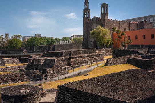 Santiago Temple and Tlatelolco ruin in the Three Cultures Plaza in Mexico City, CDMX, Mexico. This public square featuring remains of an Aztec city was the site of the 1968 Tlatelolco Massacre. 
