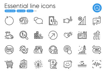 Security contract, Uv protection and Fake news line icons. Collection of Video conference, Fireworks explosion, Development plan icons. Voice wave, Click, 5g wifi web elements. Vector