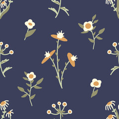 Seamless vector cute floral pattern with abstract wild flowers. Delicate botanical texture in flat style for fabric, textile print. Hand drawn field floral pattern background