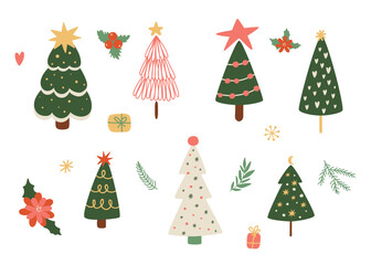 Christmas tree vector set in cute cartoon style. Hand drawn New Year isolated elements, fir tree, gifts, flowers, branch, stars snowflake Winter holiday cute illustration. Christmas tree collection.