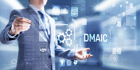 DMAIC Define Measure Analyze Improve Control Industrial business process optimisation six sigma lean manufacturing technology concept on virtual screen.