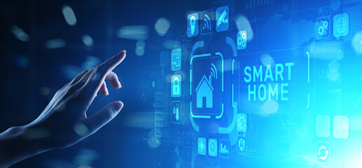 Smart home control panel on virtual screen. IOT and Automation technology concept.