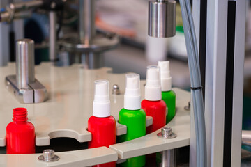 pharmaceutical industry, medicine pills are filling in the  bottle on production line machine...