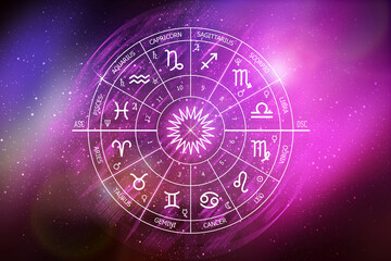 Zodiac circle on the background of a space. Astrology. Esoteric knowledge