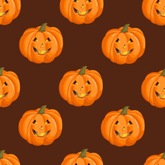 Seamless pattern with a pumpkin with a face for halloween. October harvest. Vector illustration for fabrics, textures, wallpapers, posters, cards. Editable elements.
