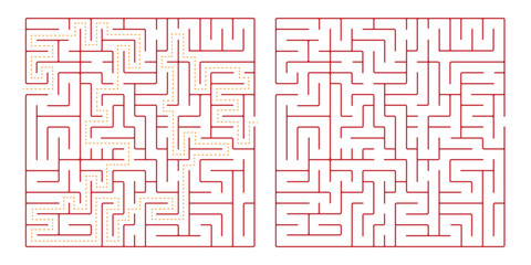 Square maze, a simple logic game with labyrinths. Vector maze game.
