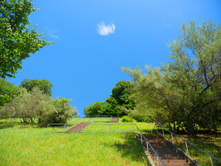 日本、神奈川県、横浜市、青空と公園の階段