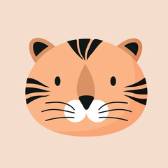 Cute animal face, avatar, tiger head, muzzle. Nursery character card for childish design of wrapping paper, fabric, textile, poster, invitation, graphic, print. Flat cartoon vector illustration