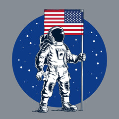 Astronaut with american flag standing on moon or another planet. Vector illustration.