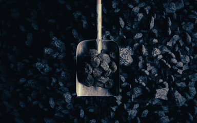 Coal on a shovel against the background of a pile - 3d illustration, the concept of rising coal prices
