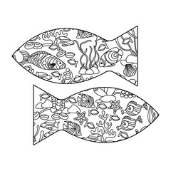Underwater world coloring pages. Algae fish shells. Hand-drawn Vector coloring book.