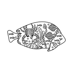 Underwater world coloring pages. Fish . Hand-drawn Vector coloring book.