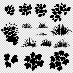 Black abstract texture organic brush strokes grass, groups of leaves on imitation transparent background