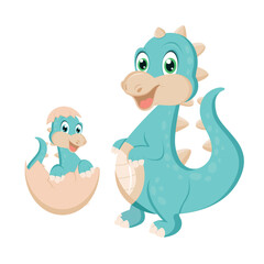 Cute cartoon character of a dinosaur or dragon in a vector illustration in a flat style isolated on a white background. Prehistoric funny little monster for children's theme. Mom and baby dinosaur.