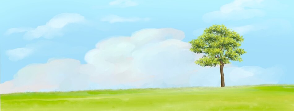 Watercolor green field and sky,landscape with tree and clouds illustration © Chanya_B