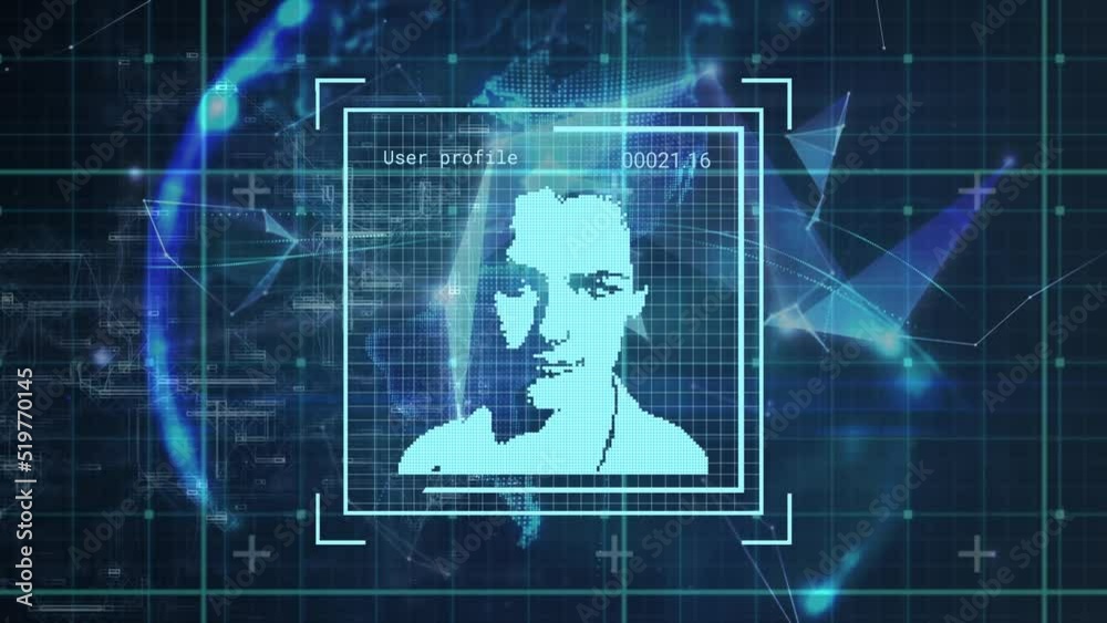 Poster animation of multiple profile icons with data processing over spinning globe against blue background
