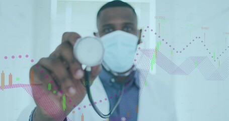 Animation of financial t data processing over african american male doctor holding stethoscope - Powered by Adobe