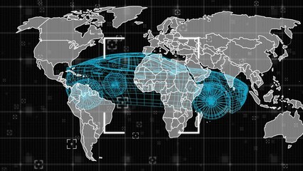 Animation of scope scanning over spinning 3d car model against world map on black background - Powered by Adobe