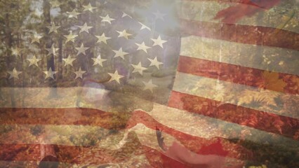 Composite of waving american flag against maple leaves falling in the park - Powered by Adobe