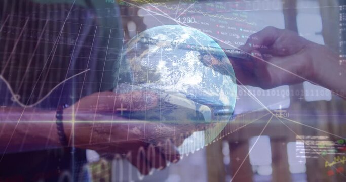 Animation of stock market data processing over mid section of woman making a payment by credit card - Powered by Adobe