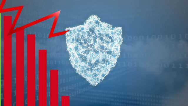 Animation of statistical data processing over security shield icon and binary coding