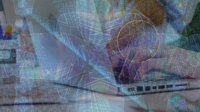 Animation of kaleidoscopic pattern and binary coding over mid section of boy using laptop at school