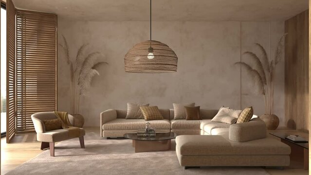 Modern interior japandi style design living room. Scandinavian apartment with wooden furniture. High quality footage 4K. 3d render illustration video.