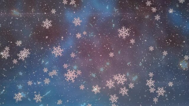 Animation of snowflakes and star icons floating with copy space against gradient blue background