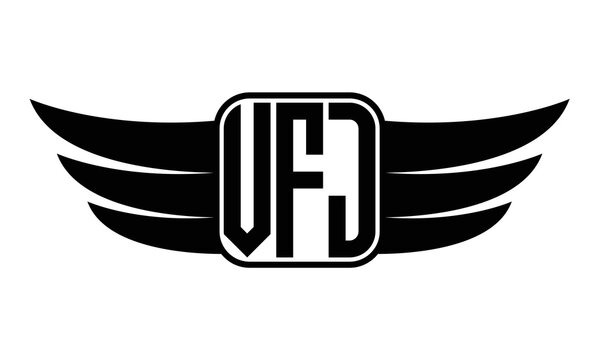 VFJ three Letter wing minimalist creative concept icon eagle symbol professional black and white logo design, Vector template