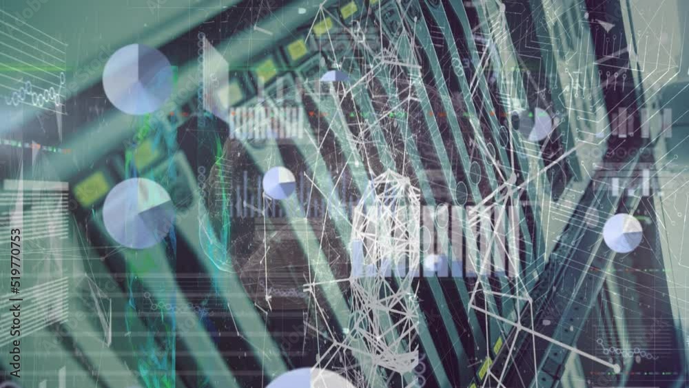 Poster animation of graphs representation with spinning geometric shape over computer server