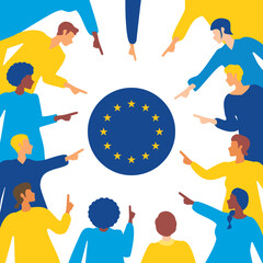 Ukrainian people in flat style blame the European Union. Ukrainian refugees blame European Union. Support Ukraine concept. The guilt of the crisis. Dissatisfied people of Ukraine.Сrisis in europe 2022 © Red diamond