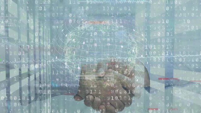 Animation of globe and binary codes against midsection of caucasian businessmen shaking hands