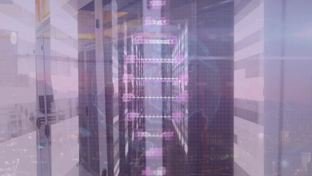 Animation of rotating dna over globe and microprocessor connections against city in background