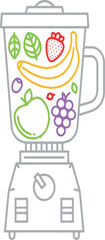 hand-drawn illustration of a Blender bowl full of fruits and berries, smoothies, and healthy diet