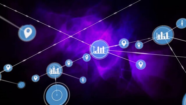 Animation of network of connections with icons over light spots on black background