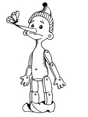 Illustration for children's book Pinocchio with a butterfly, coloring book
