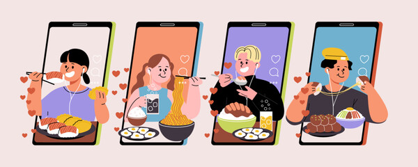 Set of video creators broadcasting on the smartphone in flat style. Vector illustration of cartoon character eating food ASMRtist, mukbung lives streaming.