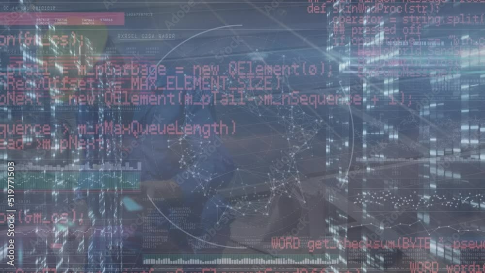 Poster animation of data processing on icons over network of connections
