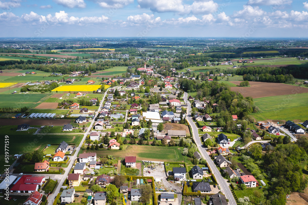 Poster Miedzyrzecze Gorne village in Silesia region of Poland, drone view