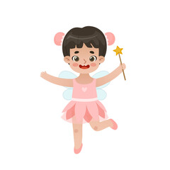Cute girl in fairy costume with wings and magic wand. Cartoon happy child in halloween costume.