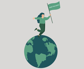 Activist woman walking or jogging on the green planet while holding a banner with the message "save the Earth" to support ecology. Environment conservation and international earth day concept. Vector.