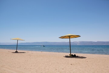 Row of straw umbrellas on a deserted beach in the morning. Aqaba, Jordan
