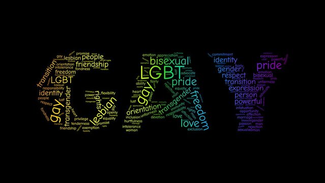 The word gay, made of tags cloud, beautifully shimmers with the colors of rainbow LGBT flag. Banner background. LBGT Pride Month or Gay Pride Symbol. Black background.