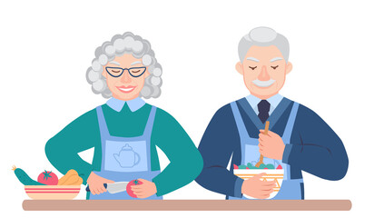 Elderly couple cooks together in the kitchen. Grandma cuts vegetables. Grandpa is stirring the salad. Housework. Illustration in flat style on a white background