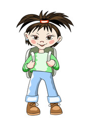 Cute little girl with backpack. Vector cartoon illustration, isolated on white